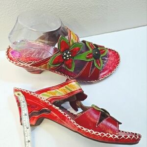 Elite by Corkys leather Poppy Red Floral festival heel Sandal stitching happy 9